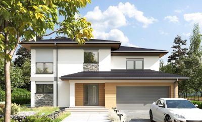 Proiect 30 — randare a casei: casă modernă cu etaj, 4 dormitoare, balcon și garaj dublu