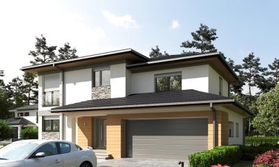 Proiect 30 — randare a casei: casă modernă cu etaj, 4 dormitoare, balcon și garaj dublu