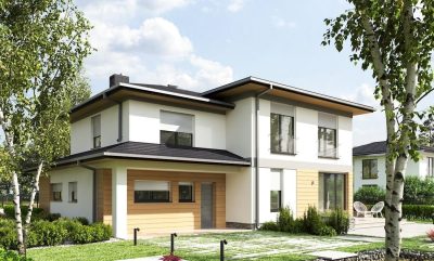 Proiect 30 — randare a casei: casă modernă cu etaj, 4 dormitoare, balcon și garaj dublu