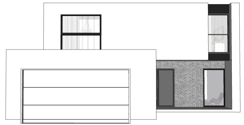 Proiect 31 — fațade: casă modernă cu etaj, 4 dormitoare, terasă și garaj dublu