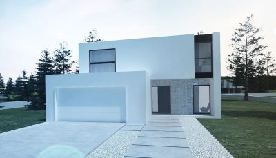 Proiect 31 — randare a casei: casă modernă cu etaj, 4 dormitoare, terasă și garaj dublu