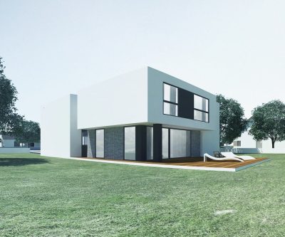 Proiect 31 — randare a casei: casă modernă cu etaj, 4 dormitoare, terasă și garaj dublu