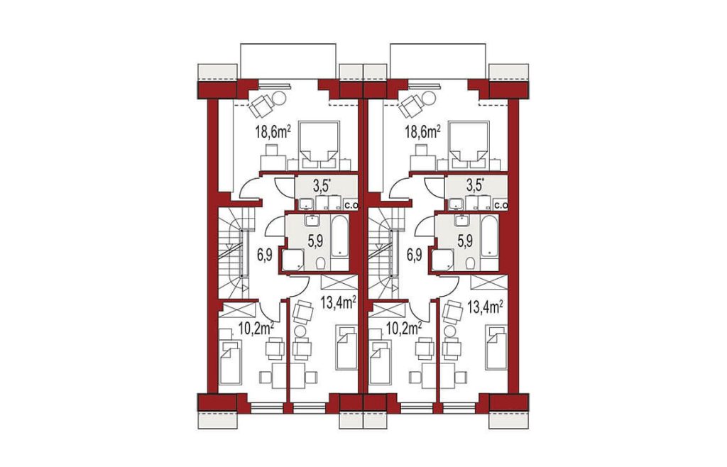 Proiect 32 — plan etaj: casă modernă cuplată cu etaj, 3 dormitoare și garaj