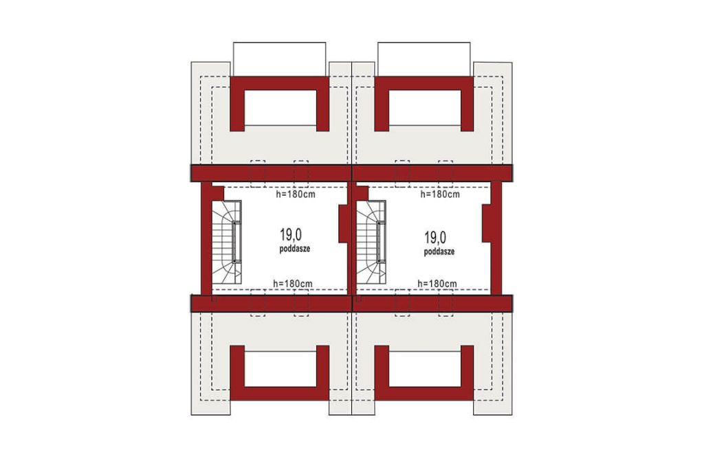 Proiect 32 — plan mansardă: casă modernă cuplată cu etaj, 3 dormitoare și garaj