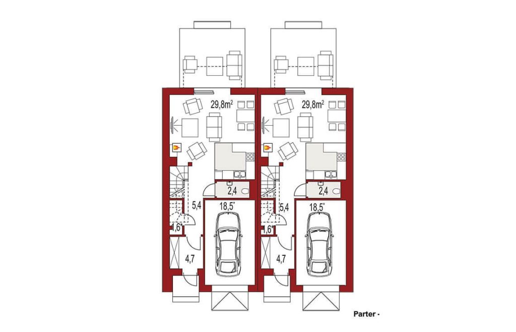 Proiect 32 — plan parter: casă modernă cuplată cu etaj, 3 dormitoare și garaj