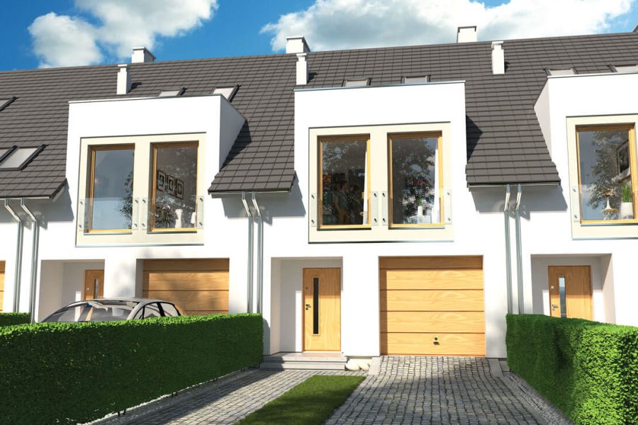 Proiect 32 — randare a casei: casă modernă cuplată cu etaj, 3 dormitoare și garaj