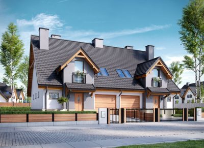 Proiect 33 — randare a casei: casă modernă gemene cu etaj, balcon și garaj