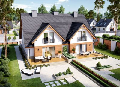 Proiect 33 — randare a casei: casă modernă gemene cu etaj, balcon și garaj
