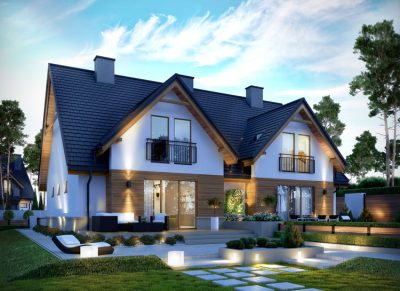 Proiect 33 — randare a casei: casă modernă gemene cu etaj, balcon și garaj
