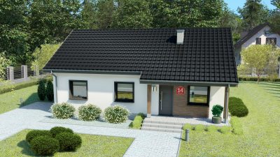 Proiect 34 — randare a casei: casă modernă parter cu 3 dormitoare și terasă