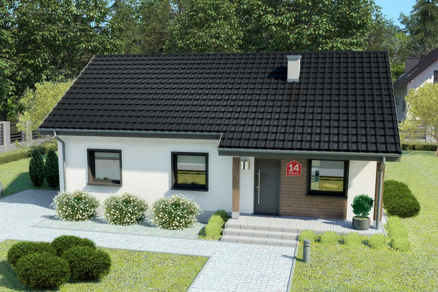 Proiect 34 — randare a casei: casă modernă parter cu 3 dormitoare și terasă