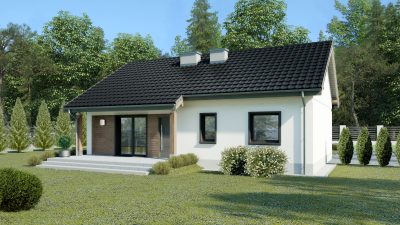 Proiect 34 — randare a casei: casă modernă parter cu 3 dormitoare și terasă
