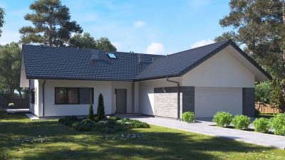 Proiect 35 — randare a casei: casă modernă parter, 3 dormitoare, garaj dublu și terasă