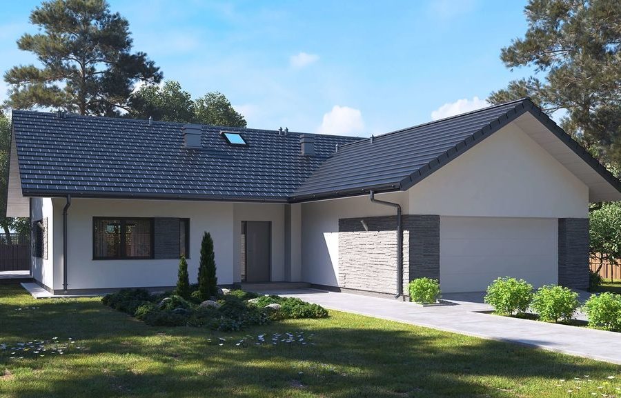 Proiect 35 — randare a casei: casă modernă parter, 3 dormitoare, garaj dublu și terasă