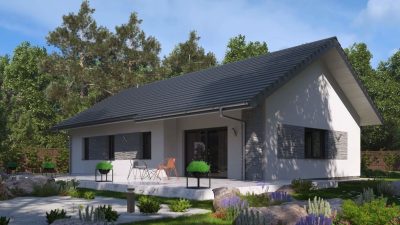 Proiect 35 — randare a casei: casă modernă parter, 3 dormitoare, garaj dublu și terasă