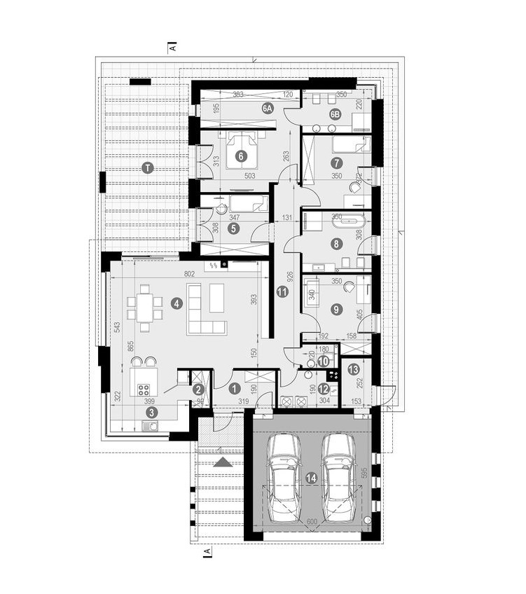 Proiect 36 — plan parter: casă modernă parter, 3 dormitoare, terasă și garaj dublu
