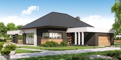 Proiect 36 — randare a casei: casă modernă parter, 3 dormitoare, terasă și garaj dublu