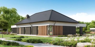 Proiect 36 — randare a casei: casă modernă parter, 3 dormitoare, terasă și garaj dublu