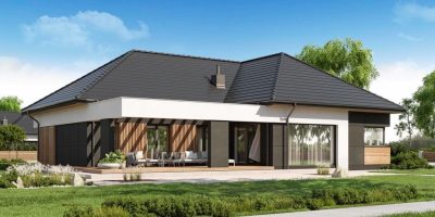 Proiect 36 — randare a casei: casă modernă parter, 3 dormitoare, terasă și garaj dublu