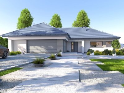 Proiect 37 — randare a casei: casă modernă parter, 4 dormitoare, terasă și garaj dublu