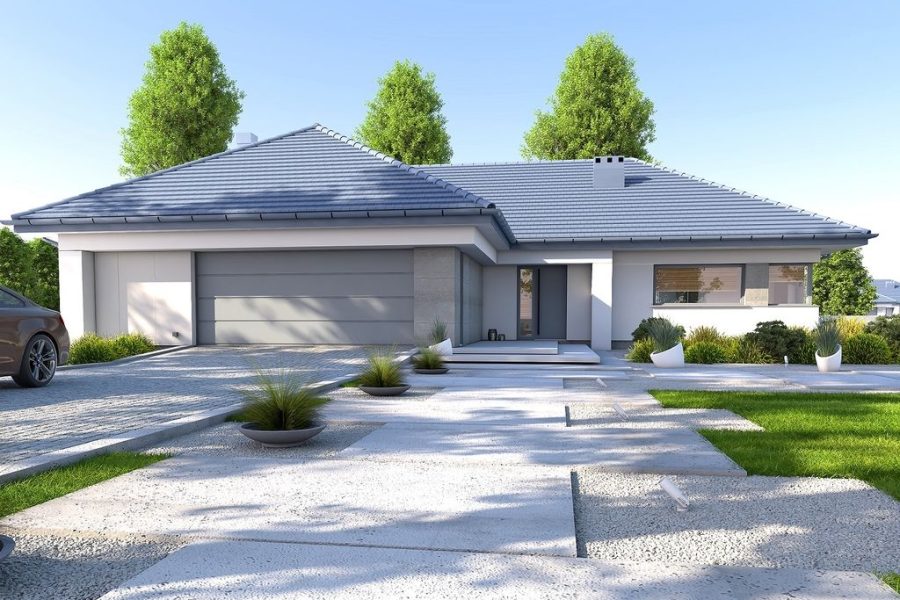 Proiect 37 — randare a casei: casă modernă parter, 4 dormitoare, terasă și garaj dublu