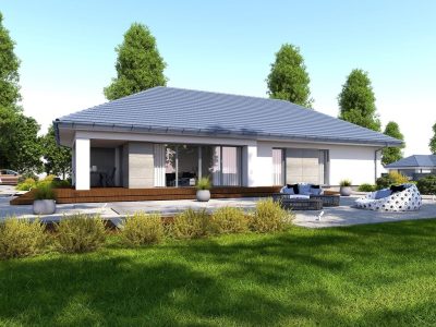 Proiect 37 — randare a casei: casă modernă parter, 4 dormitoare, terasă și garaj dublu
