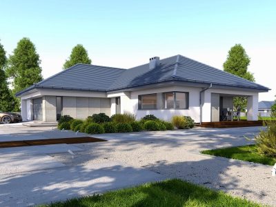 Proiect 37 — randare a casei: casă modernă parter, 4 dormitoare, terasă și garaj dublu