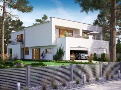 Proiect 38 — randare a casei: casă modernă tip duplex cu etaj, 6 dormitoare, balcon și garaj