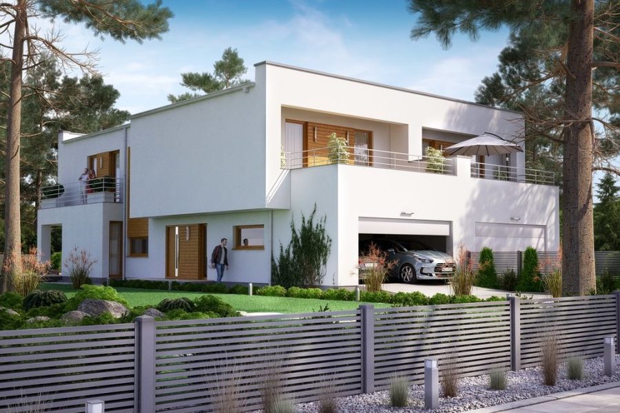 Proiect 38 — randare a casei: casă modernă tip duplex cu etaj, 6 dormitoare, balcon și garaj
