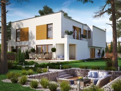 Proiect 38 — randare a casei: casă modernă tip duplex cu etaj, 6 dormitoare, balcon și garaj