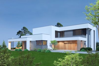 Proiect 39 — randare a casei: vilă modernă cu etaj, 4 dormitoare și garaj dublu