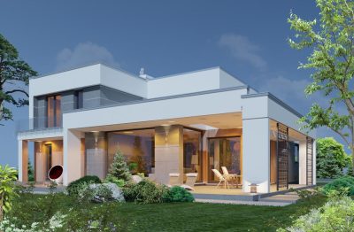 Proiect 39 — randare a casei: vilă modernă cu etaj, 4 dormitoare și garaj dublu