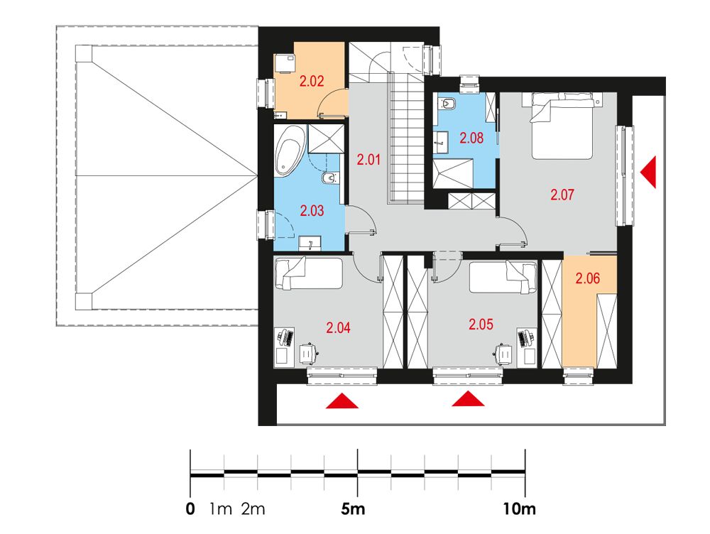Proiect 40 — plan etaj: vilă modernă cu etaj, 4 dormitoare, balcon și garaj dublu