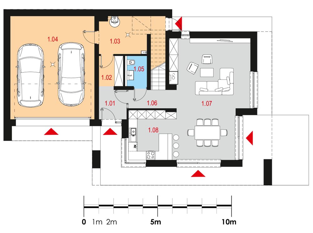 Proiect 40 — plan parter: vilă modernă cu etaj, 4 dormitoare, balcon și garaj dublu