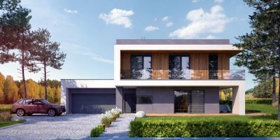 Proiect 40 — randare a casei: vilă modernă cu etaj, 4 dormitoare, balcon și garaj dublu
