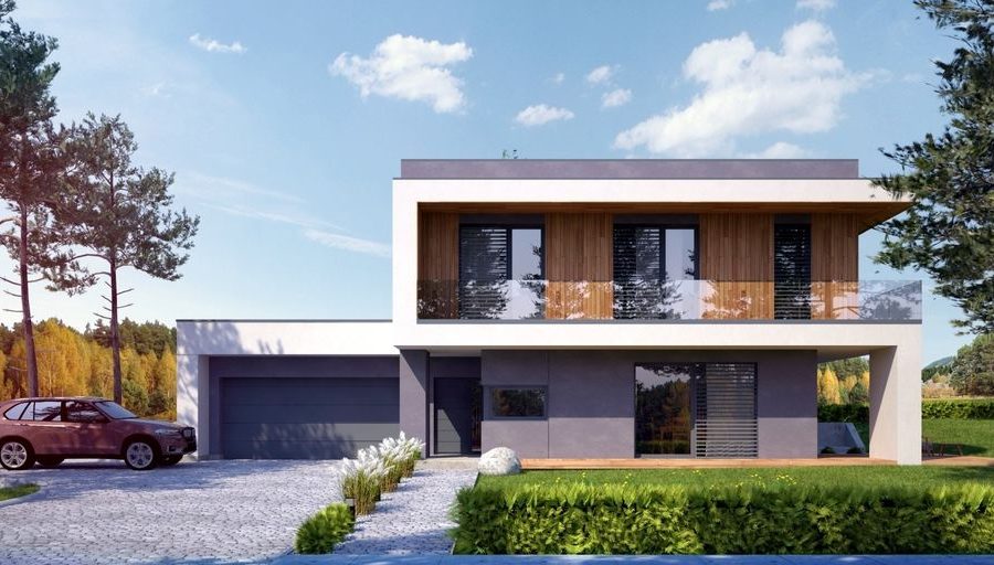 Proiect 40 — randare a casei: vilă modernă cu etaj, 4 dormitoare, balcon și garaj dublu