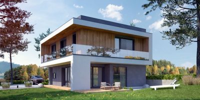 Proiect 40 — randare a casei: vilă modernă cu etaj, 4 dormitoare, balcon și garaj dublu
