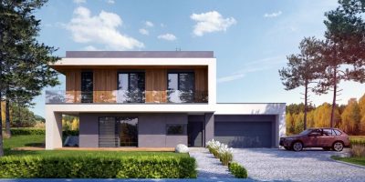 Proiect 40 — randare a casei: vilă modernă cu etaj, 4 dormitoare, balcon și garaj dublu