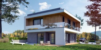 Proiect 40 — randare a casei: vilă modernă cu etaj, 4 dormitoare, balcon și garaj dublu