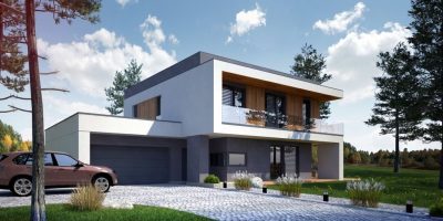 Proiect 40 — randare a casei: vilă modernă cu etaj, 4 dormitoare, balcon și garaj dublu