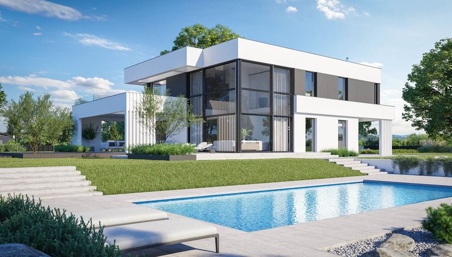 Proiect 41 — randare a casei: vilă modernă cu etaj, 4 dormitoare, piscină și garaj dublu