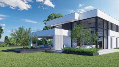 Proiect 41 — randare a casei: vilă modernă cu etaj, 4 dormitoare, piscină și garaj dublu