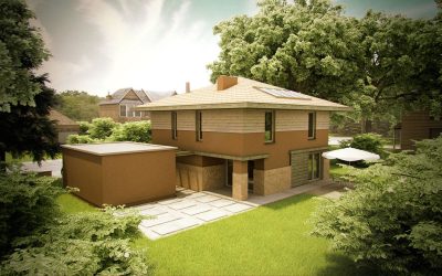 Proiect 42 — randare a casei: casă clasică cu etaj, 3 dormitoare și garaj