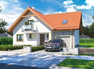 Proiect 43 — randare a casei: casă clasică cu etaj, 3 dormitoare, balcon și garaj