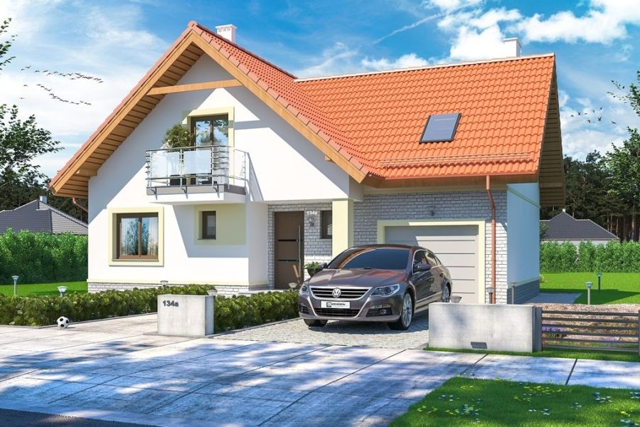 Proiect 43 — randare a casei: casă clasică cu etaj, 3 dormitoare, balcon și garaj