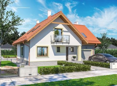 Proiect 43 — randare a casei: casă clasică cu etaj, 3 dormitoare, balcon și garaj