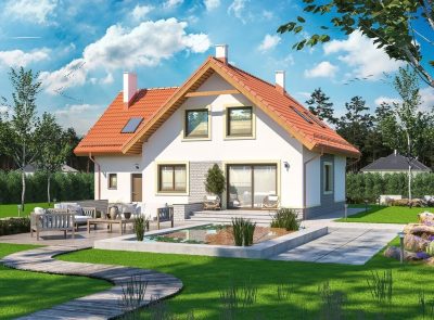 Proiect 43 — randare a casei: casă clasică cu etaj, 3 dormitoare, balcon și garaj