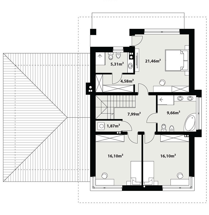 Proiect 44 — plan etaj: casă clasică cu etaj, garaj dublu, balcon și 4 dormitoare