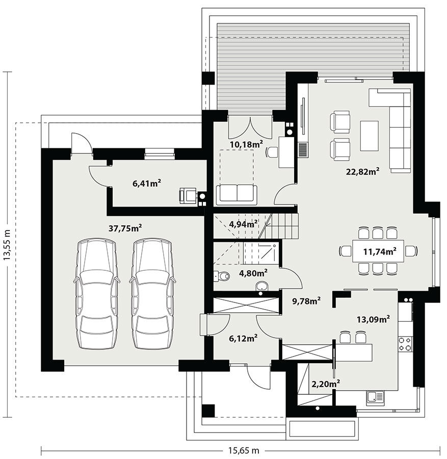 Proiect 44 — plan parter: casă clasică cu etaj, garaj dublu, balcon și 4 dormitoare