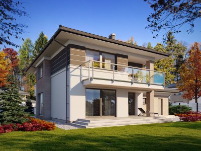 Proiect 44 — randare a casei: casă clasică cu etaj, garaj dublu, balcon și 4 dormitoare